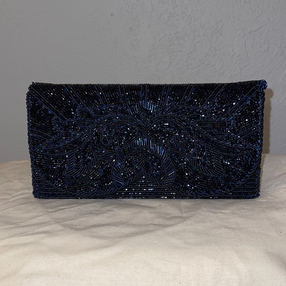 Handbags - Navy Blue Beaded Clutch Purse Wedding Evening NEW